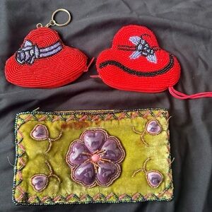 Bundle velvet zip wallet and 2 coin purses *stain on back of green wallet